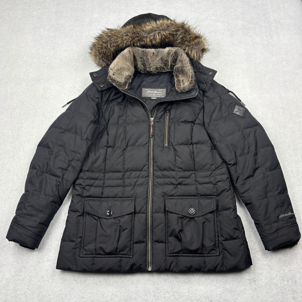 Eddie Bauer Womens Large Black Down Quilted Winter Parka Jacket Faux Fur Hood L